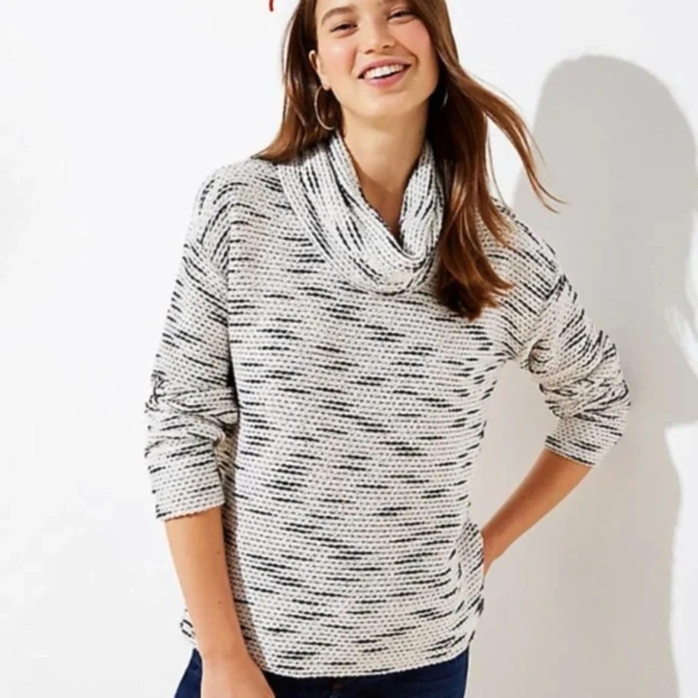 LOFT Black White Metallic Textured Cowl Neck Sweater XS Oversized Soft Knit